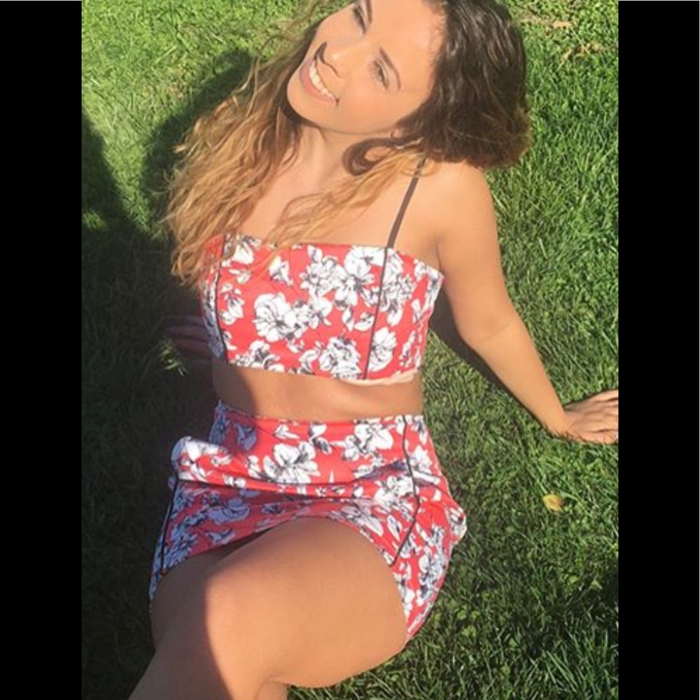 Coral Skirt/Top Set -Black & White Floral Print
